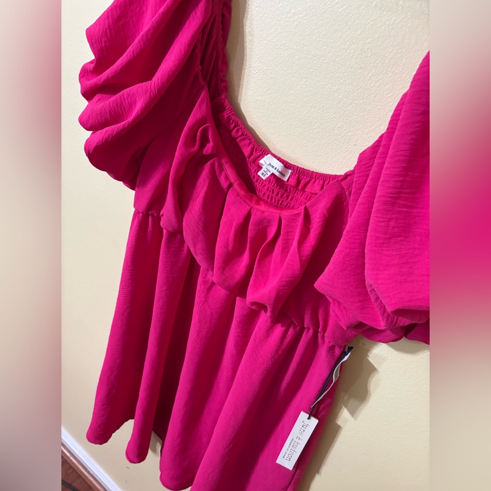 june & hudson Hot Pink Puff-Sleeve Babydoll Tunic - Picture 6 of 9